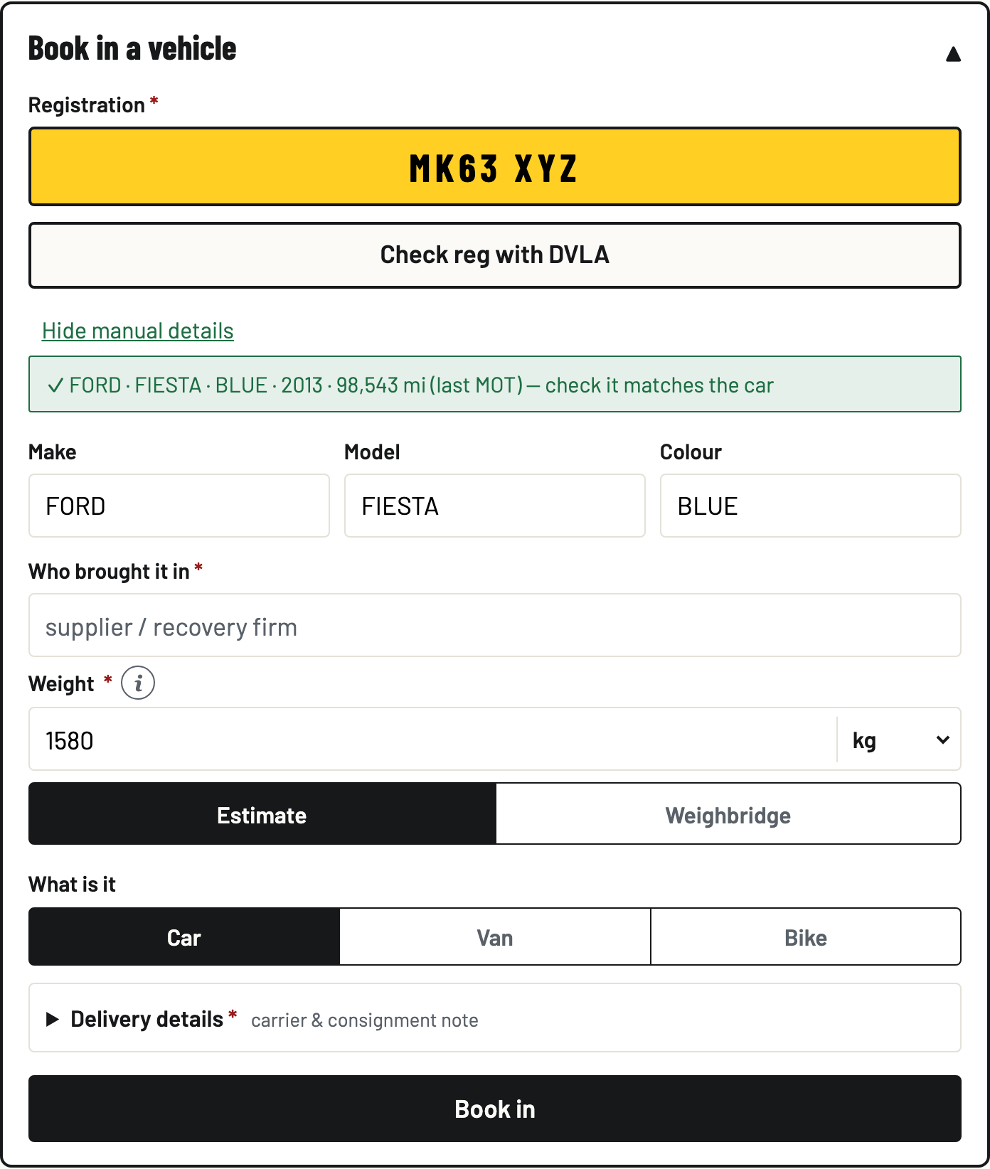 The Book in a vehicle form after a DVLA check: registration MK63 XYZ on a yellow plate, and FORD FIESTA BLUE 2013 filled in automatically