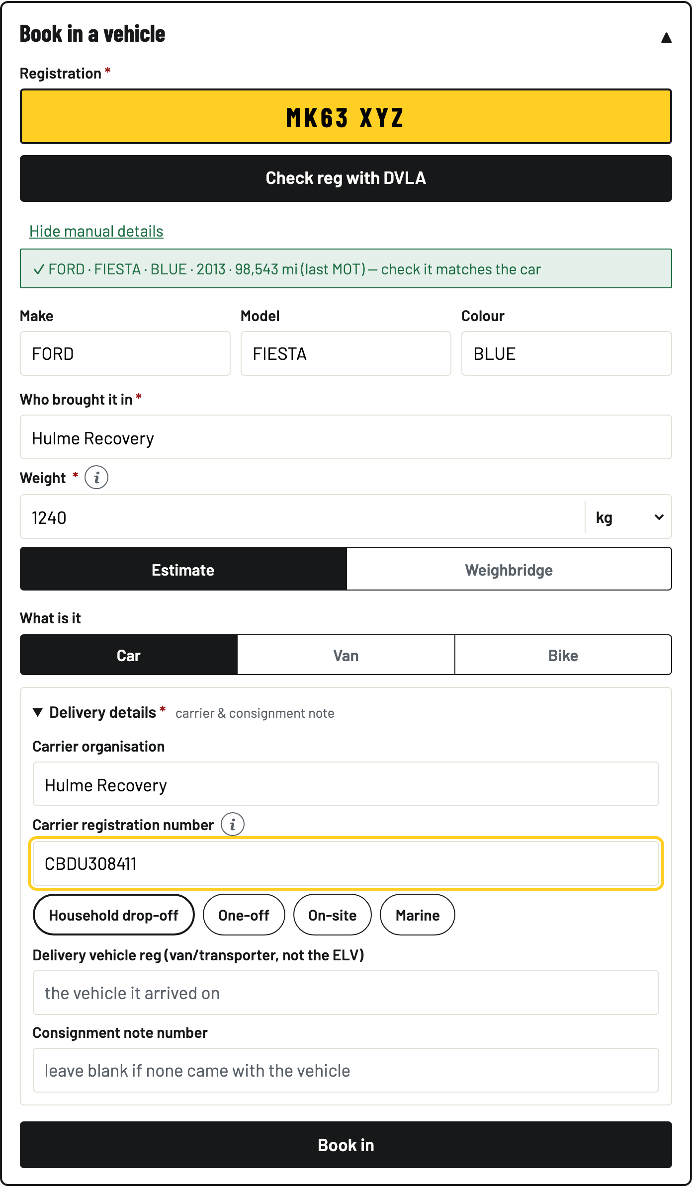 Delivery details open: carrier organisation Hulme Recovery, carrier registration number CBDU308411, and the four no-number reason chips
