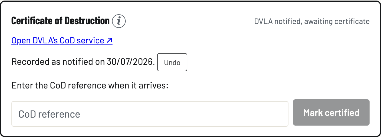The CoD step recorded as notified, with the CoD reference field waiting