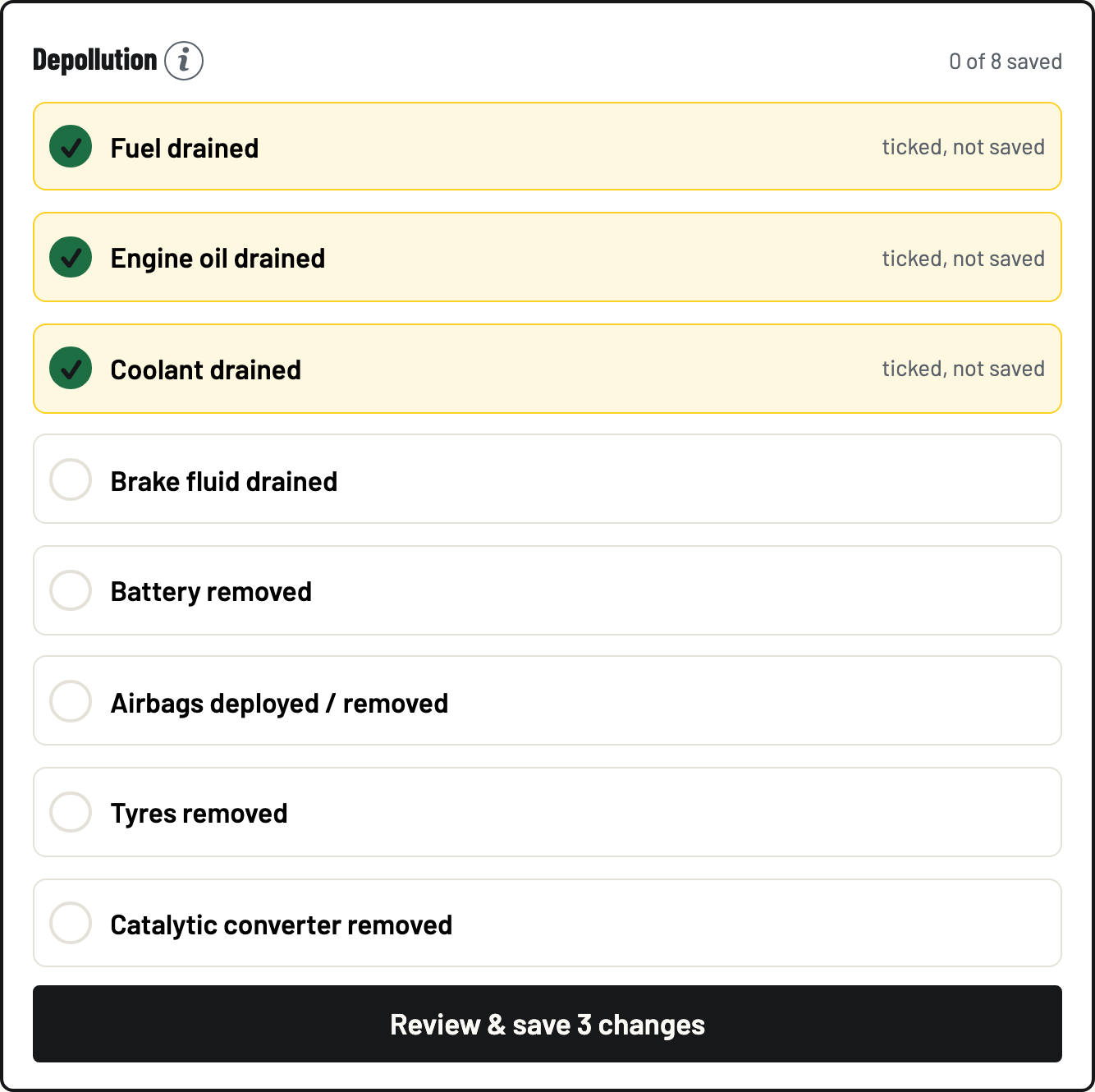 The depollution checklist with three steps ticked, each marked ticked, not saved
