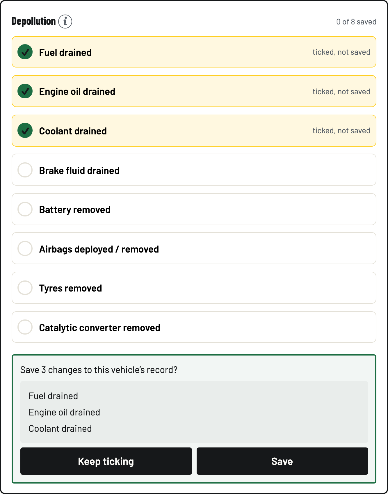 The review-and-save confirmation listing the staged depollution steps with a Save button