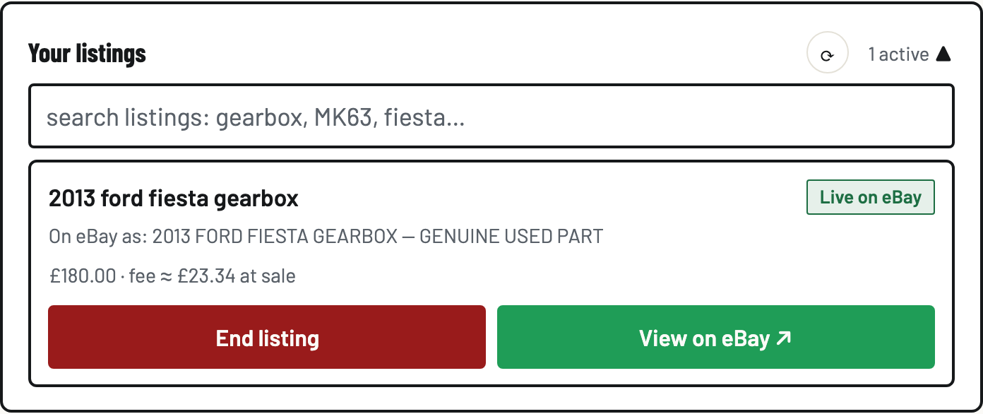 Your listings showing a Ford Fiesta gearbox Live on eBay at £180