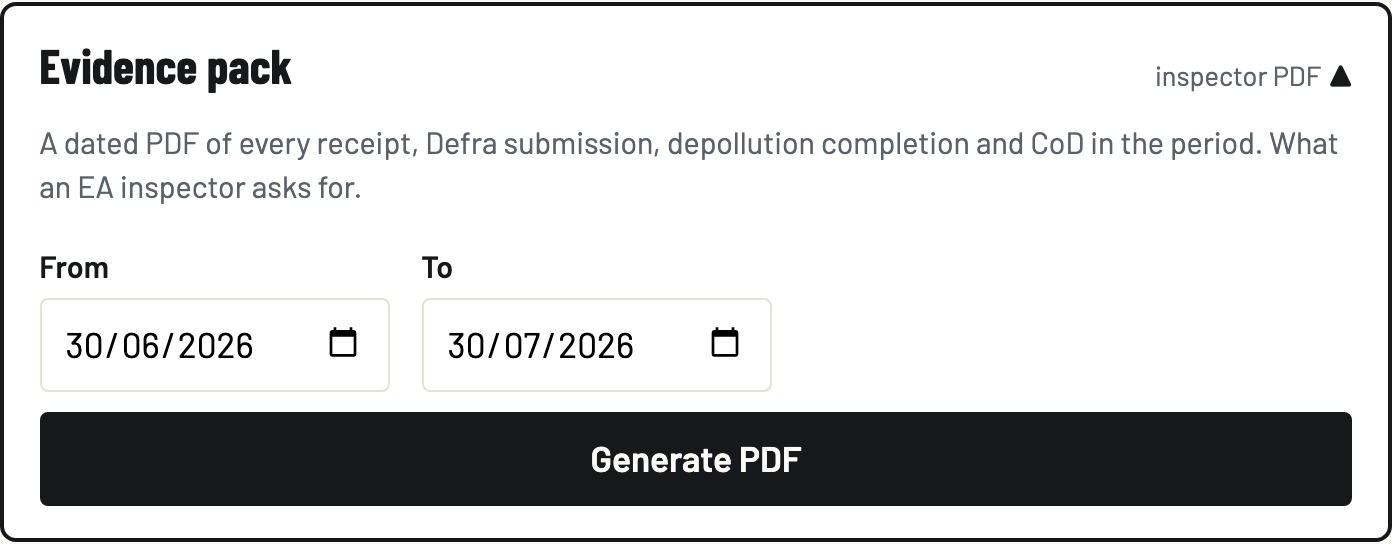 The Evidence pack card expanded on the Vehicles tab with date fields and the Generate PDF button