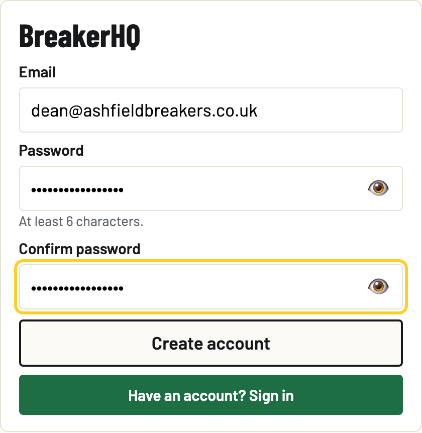 The BreakerHQ create-account card with email, password and confirm password fields