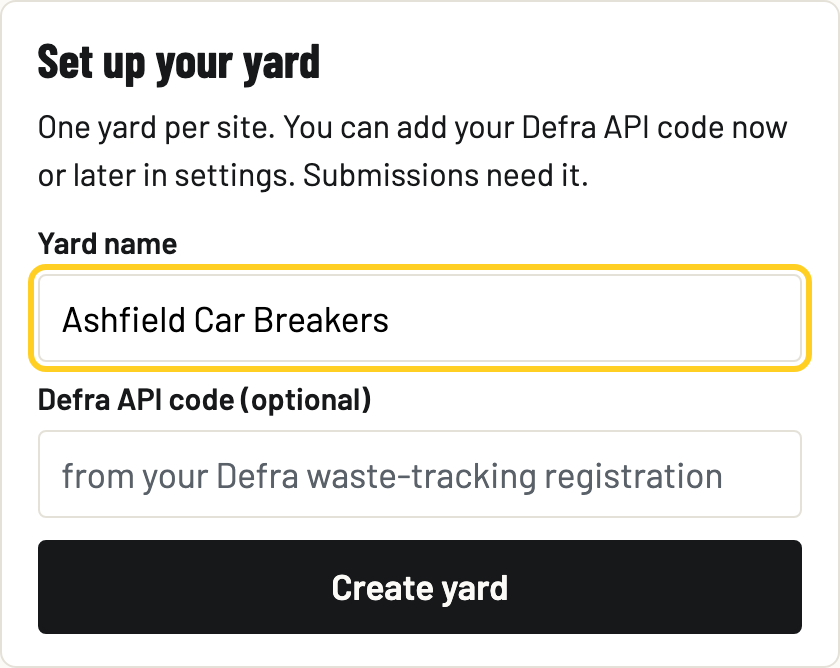 The Set up your yard card with the yard name filled in as Ashfield Car Breakers