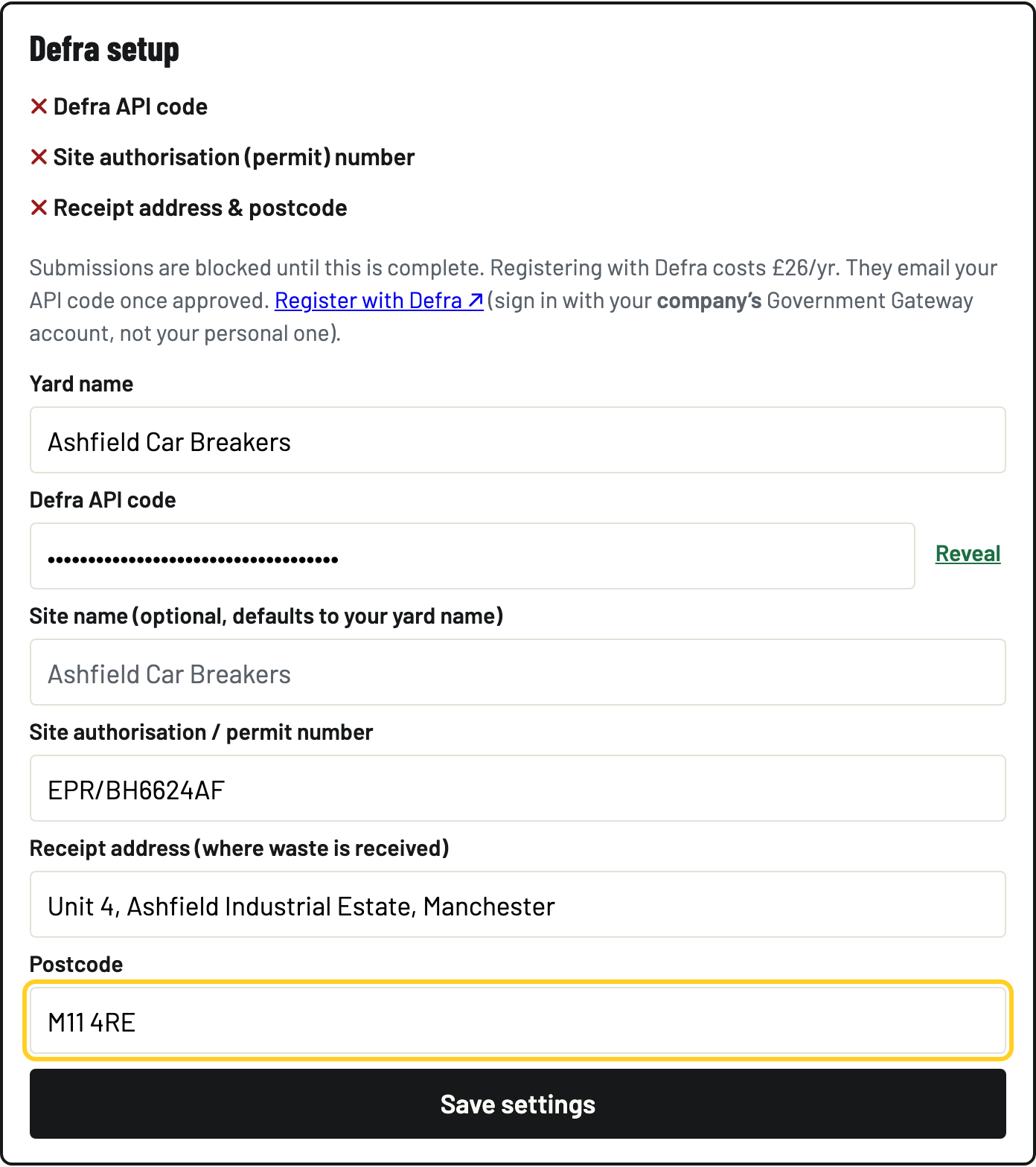 The Defra setup form in Settings with the API code, permit number and site address filled in
