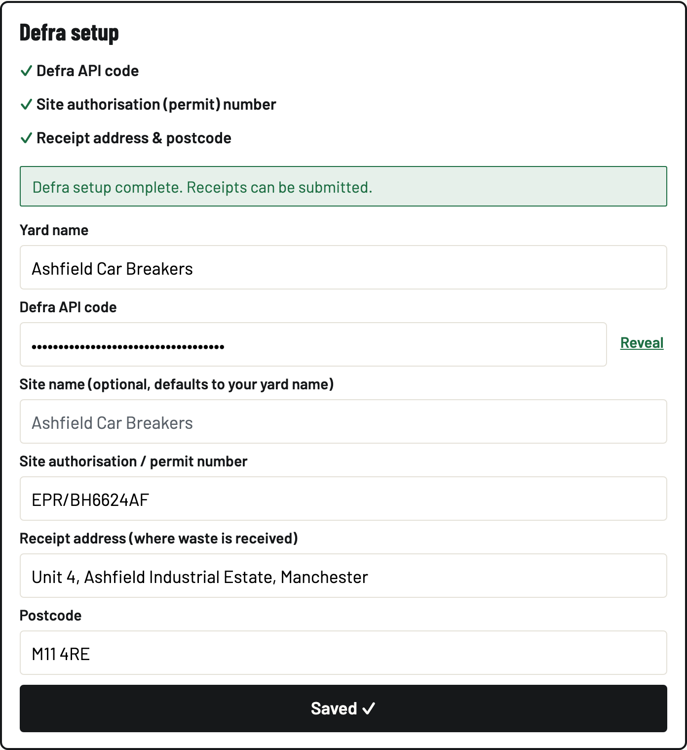 Defra setup saved, showing the green Defra setup complete notice