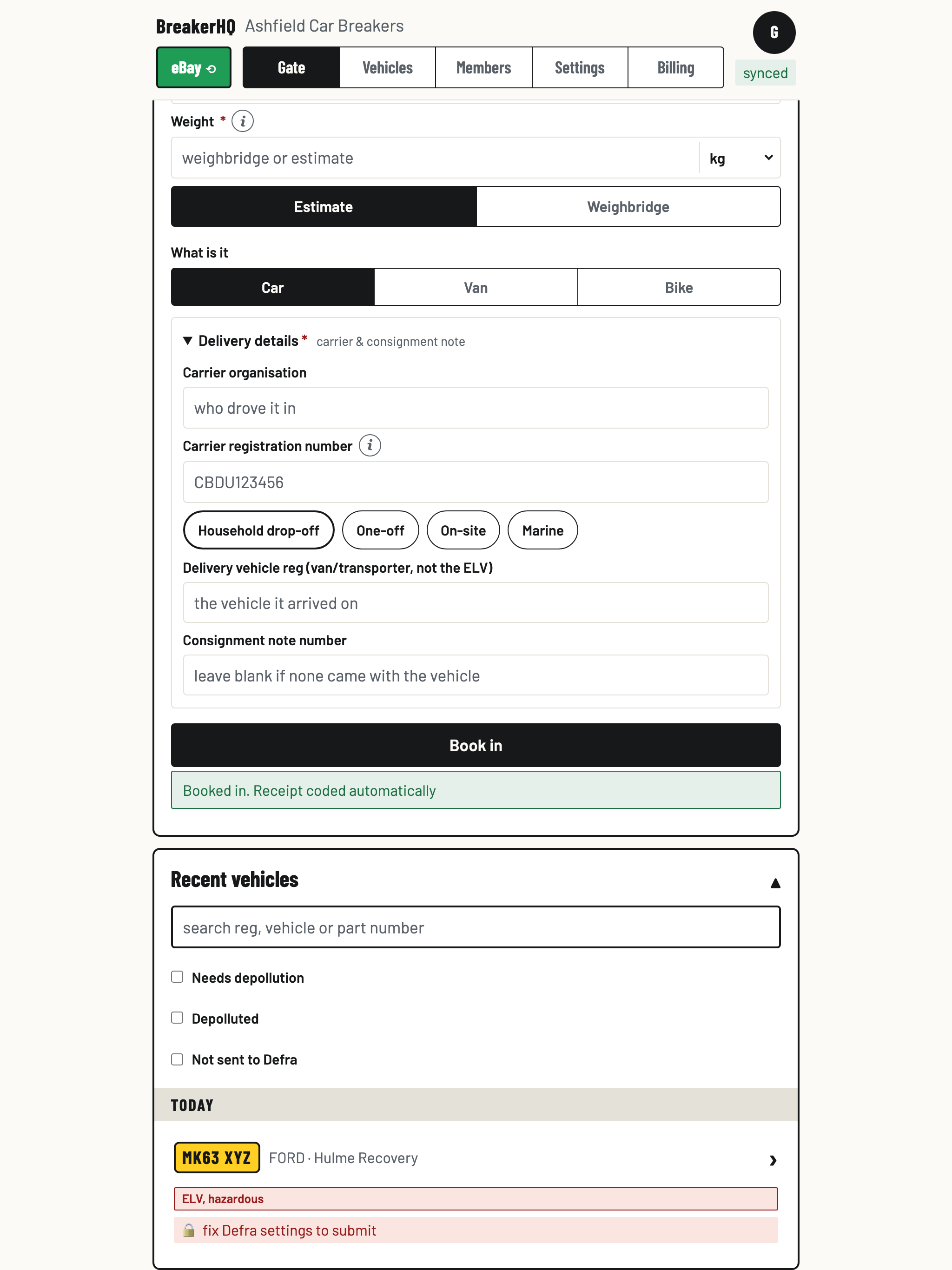 The BreakerHQ gate screen on a tablet: Book in a vehicle form with a DVLA-checked Ford Fiesta, and the Recent vehicles list below