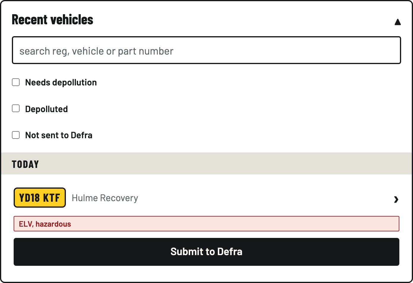 A vehicle row in Recent vehicles with its ELV hazardous badge and the Submit to Defra button