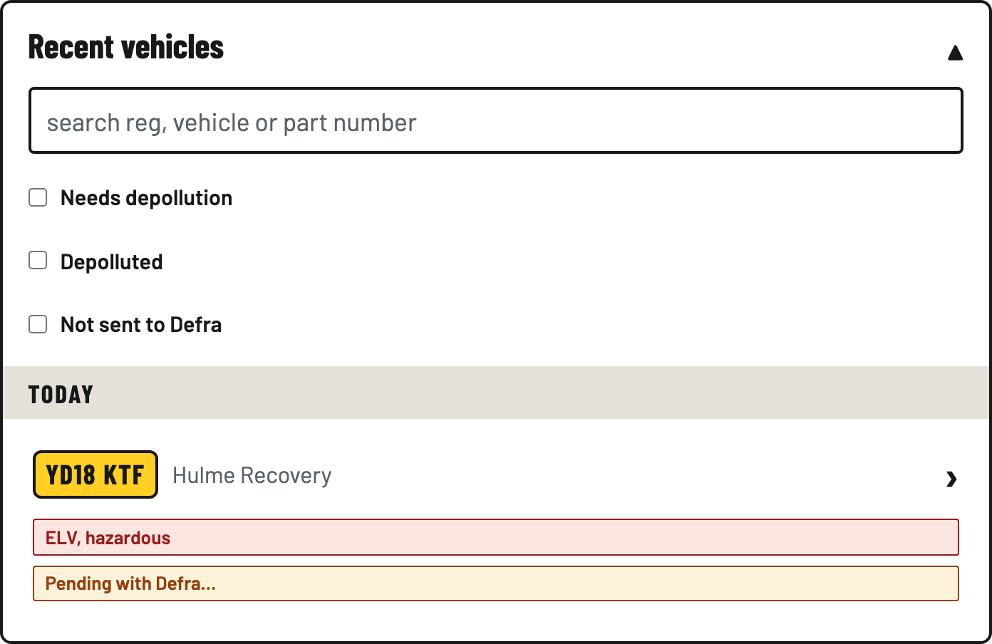 The same vehicle row now showing Pending with Defra