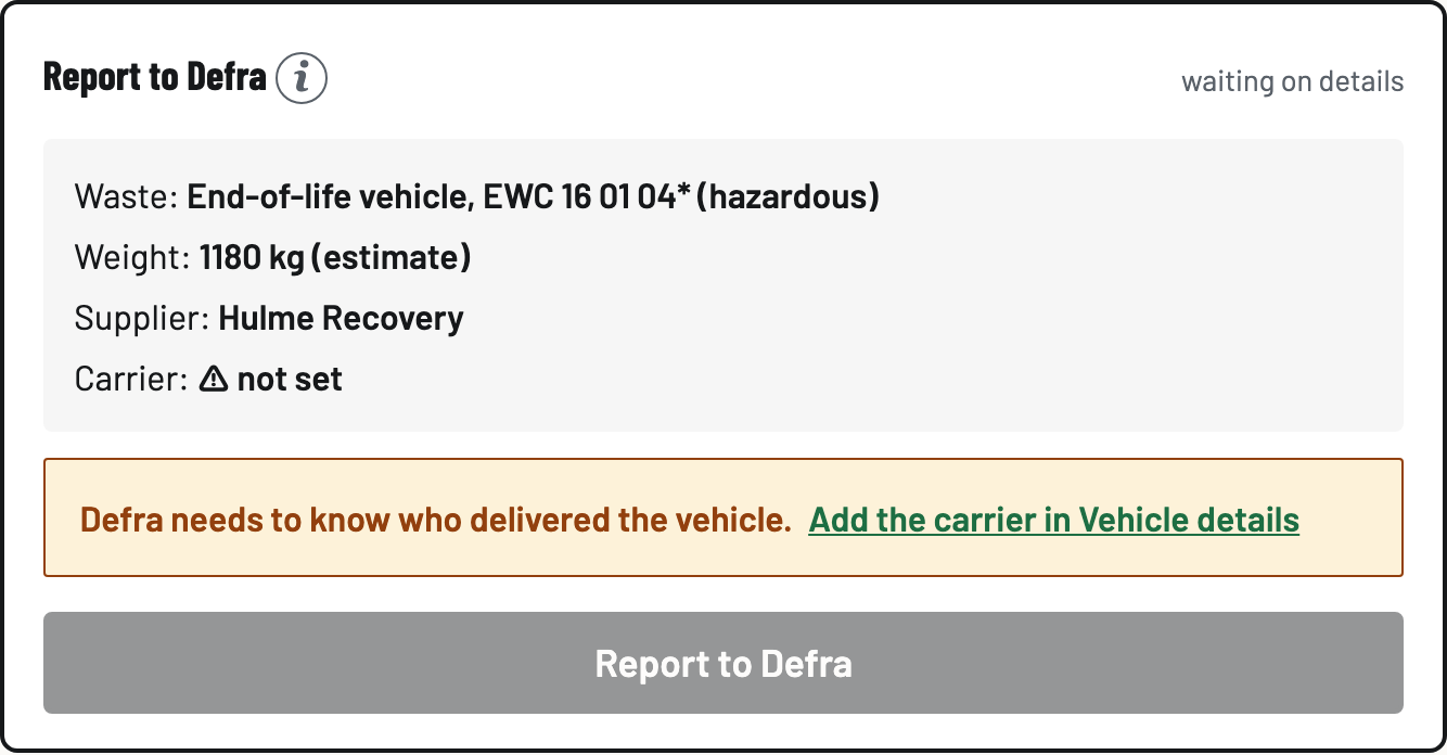 The Report to Defra card on the vehicle screen showing what will be sent