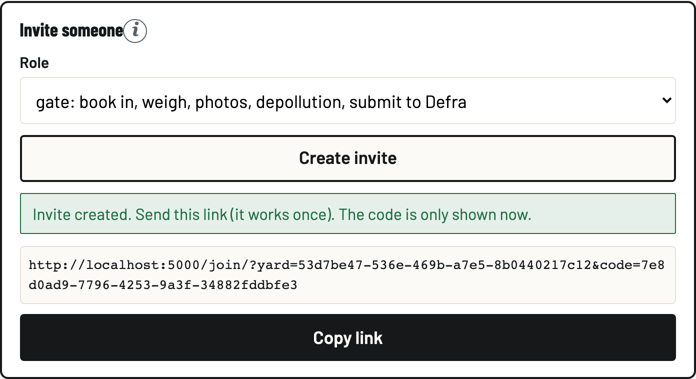 Invite created: the one-time join link ready to copy and send