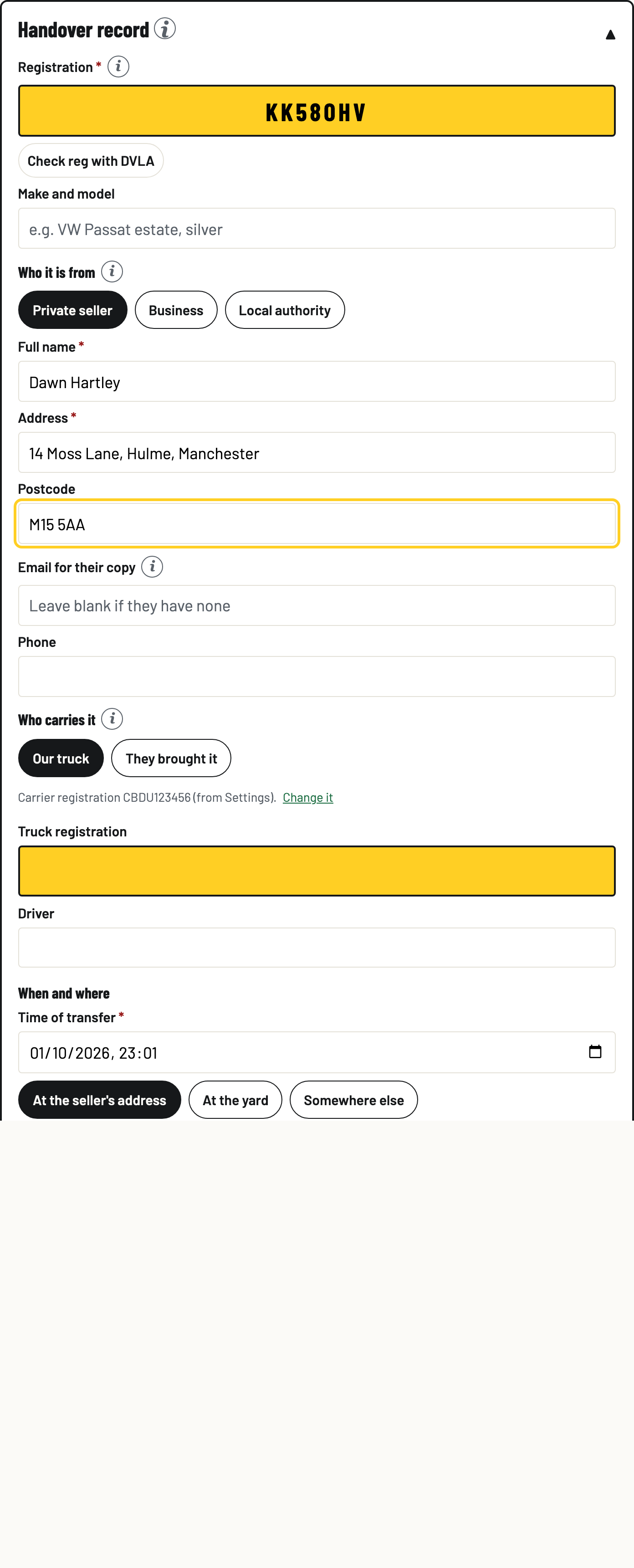 The Handover record card on the Gate tab with the seller's details being filled in