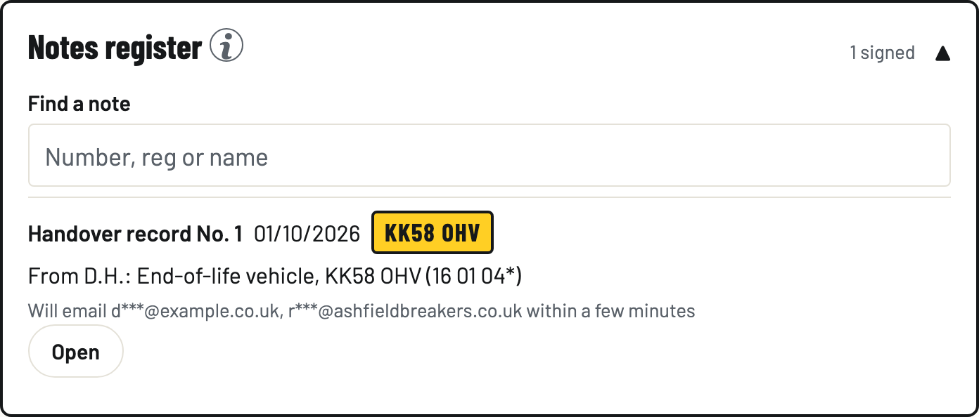 The Notes register on the Vehicles tab with a signed handover record and its email status